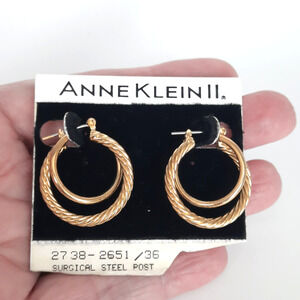 Anne Klein Vintage Made In Korea Gold Intertwined Double Hoop Earrings NOS